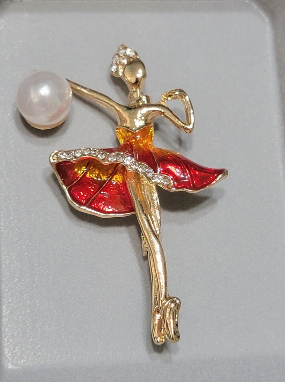Gold-Tone Red Ballerina Brooch with Pearl Accent